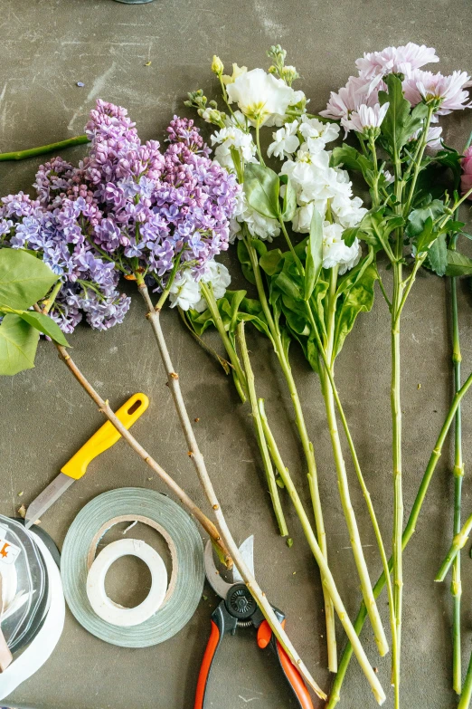 a bunch of flowers sitting on top of a table, white and purple, flat lay, sprays, gardening