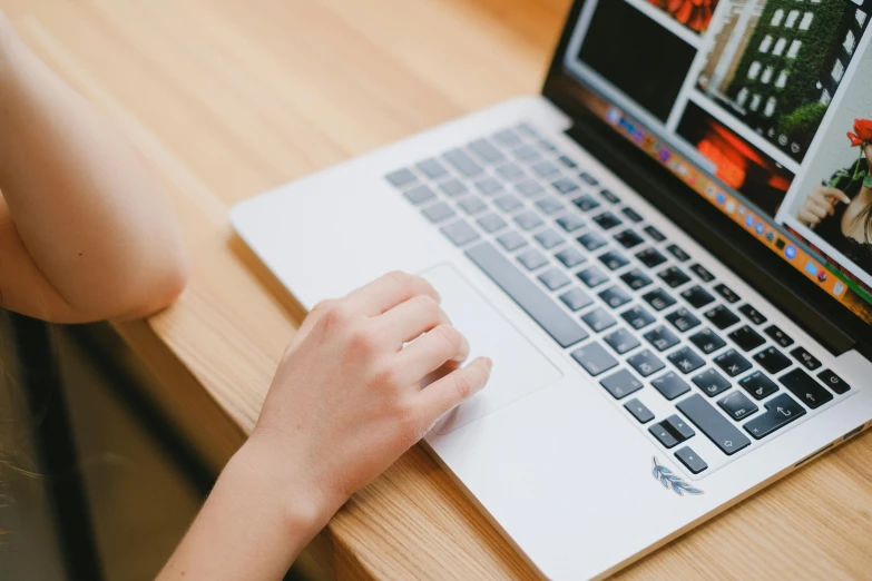 a woman using a laptop computer on a wooden table, trending on pexels, bottom angle, rounded lines, link from zelda using computer, student