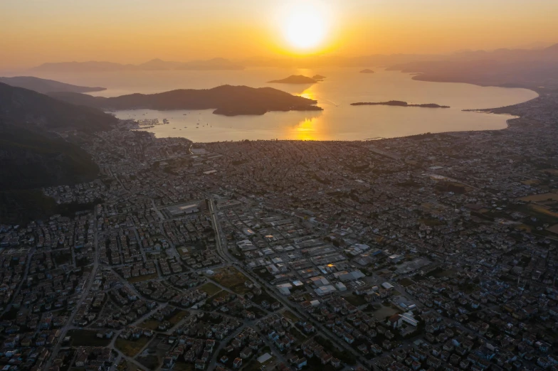 an aerial view of a city at sunset, by Matt Stewart, pexels contest winner, hurufiyya, turkey, wellington, transparent background, multiple stories