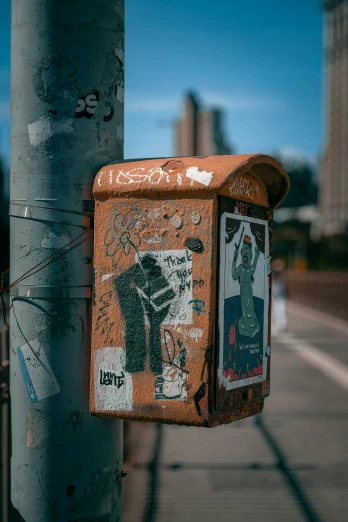 a rusted mailbox sitting on the side of a road, a cartoon, by Niko Henrichon, trending on pexels, street art, sticker art, city views, scratched photo, flashing lights