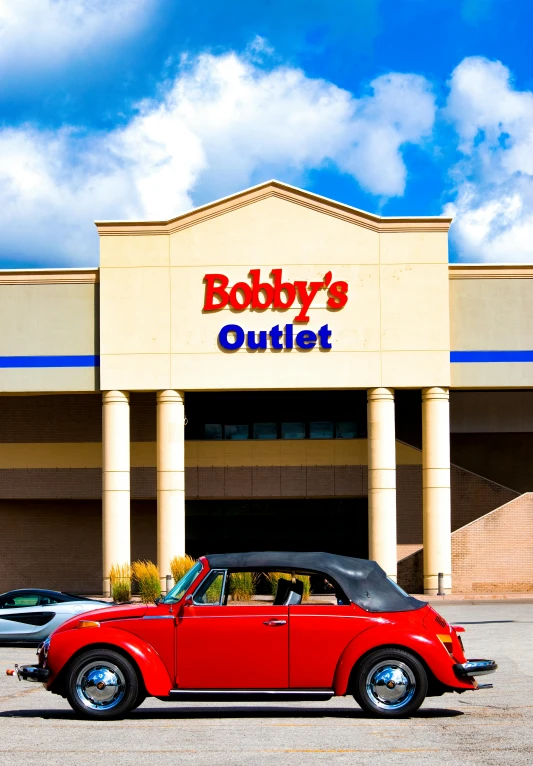 a red car parked in front of a store, bob, southdale center, abbeys, profile image