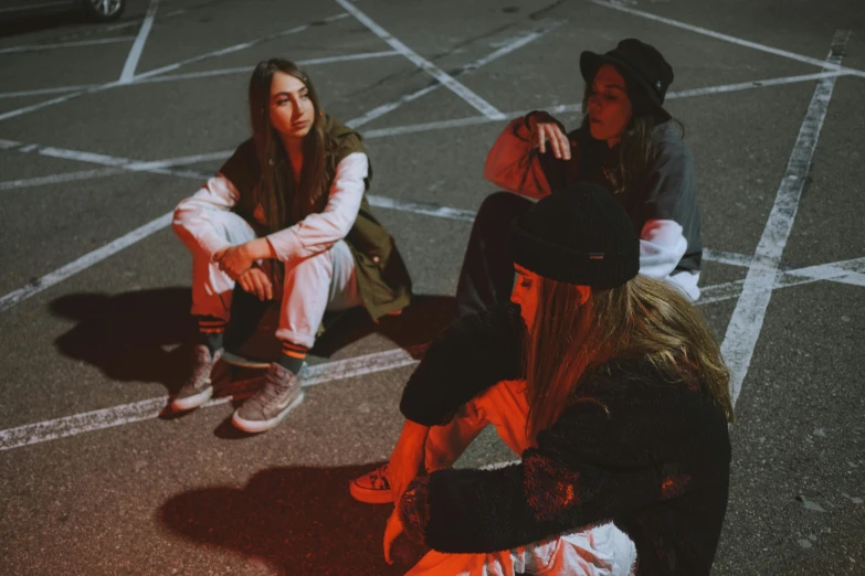 a group of young women sitting on top of a parking lot, pexels contest winner, antipodeans, stoner rock, lowkey lighting, three women, profile pic