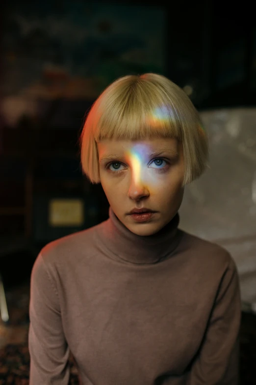 a woman with blonde hair sitting in front of a piano, trending on pexels, holography, with a bob cut, colorful reflective eyes, emerging from her lamp, human actress