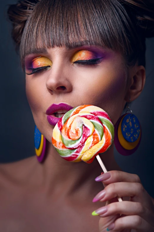 a woman holding a lollipop in front of her face, a colorized photo, trending on pexels, made out of sweets, sultry, colorful]”, square