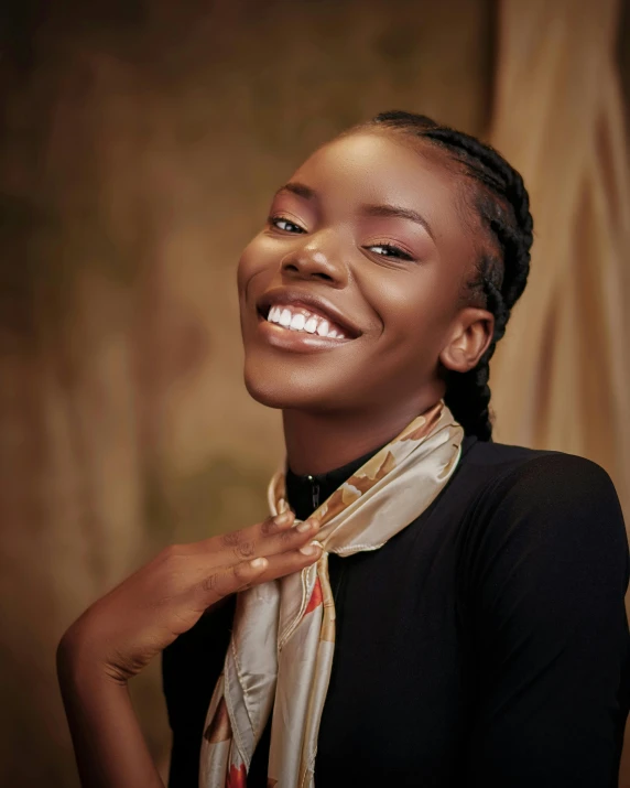 a woman smiling with a scarf around her neck, inspired by Chinwe Chukwuogo-Roy, trending on unsplash, posing elegantly over the camera, with shiny skin, black teenage girl, slightly turned to the right