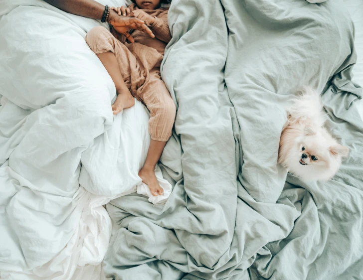 a woman laying in bed with a baby and a dog, by Matija Jama, pexels contest winner, pastel hues, trending on vsco, holding hands, sea - green and white clothes