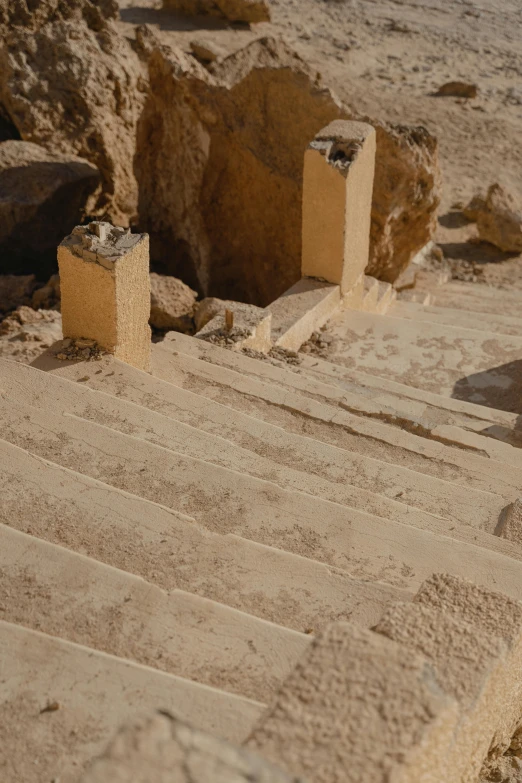 a set of stairs leading up to the top of a hill, les nabis, luxor, collapsed floors, award - winning, gold