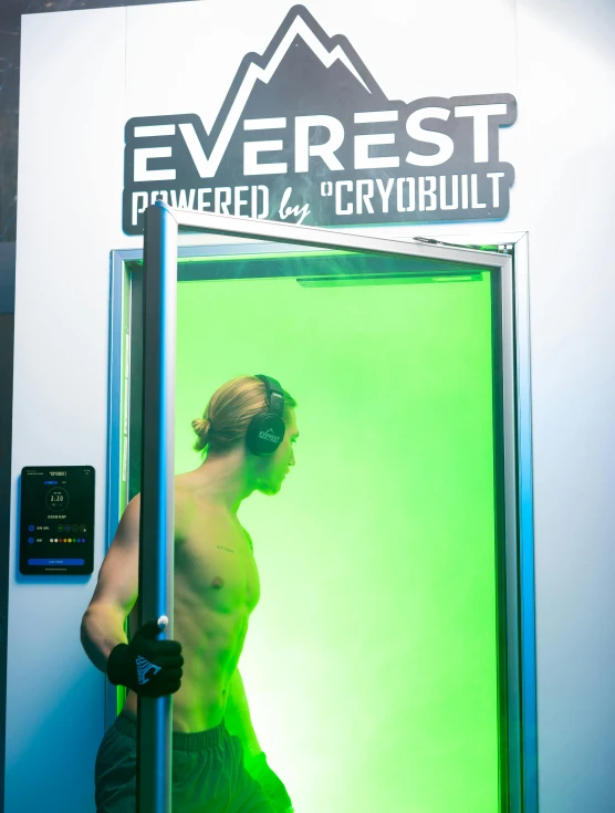 a man standing in front of a green screen, cryo engine, sweaty abs, mrbeast, exiting store