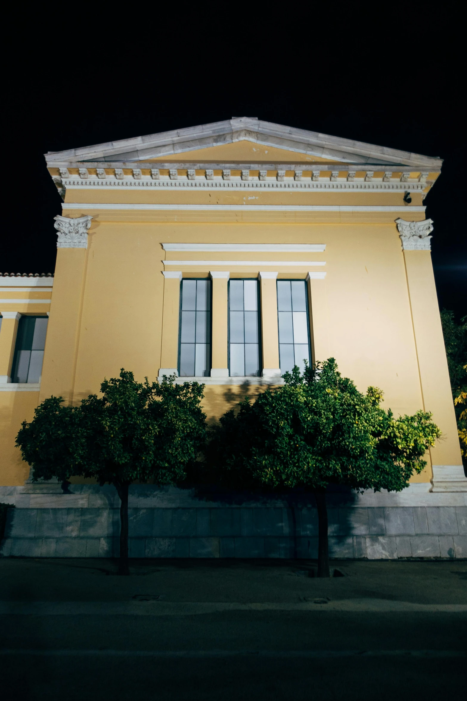 a yellow building with trees in front of it, neoclassicism, during night, greek setting, profile image, album photo