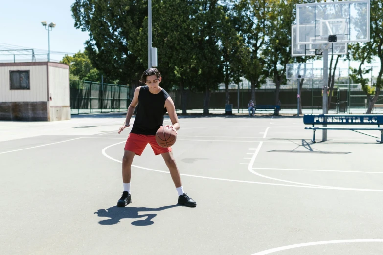 a young man standing on a basketball court holding a basketball, dribble, 15081959 21121991 01012000 4k, ariel perez, centered full body shot, origin jumpworks