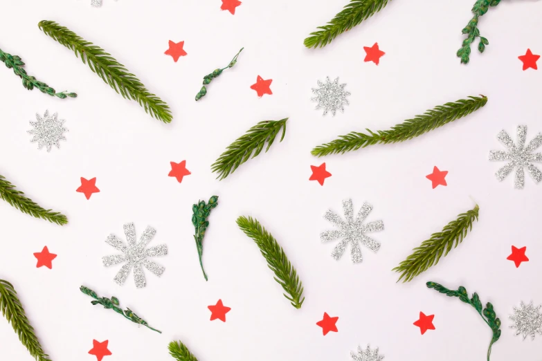 christmas tree branches and snowflakes on a white background, by Julia Pishtar, trending on pexels, folk art, stars and stripes, background image, knolling, green and red