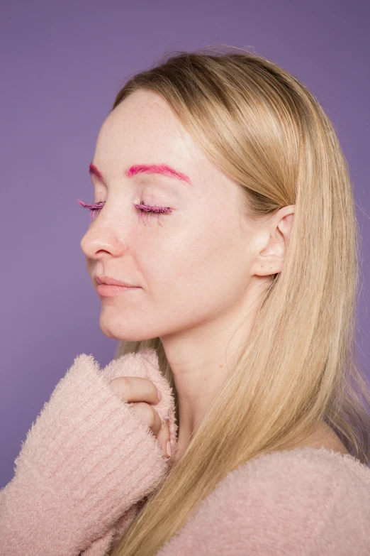 a woman with pink eyeliners on her face, an album cover, inspired by Louisa Matthíasdóttir, trending on pexels, side - view, in style of britt marling, eyebrow scar, distorted pose