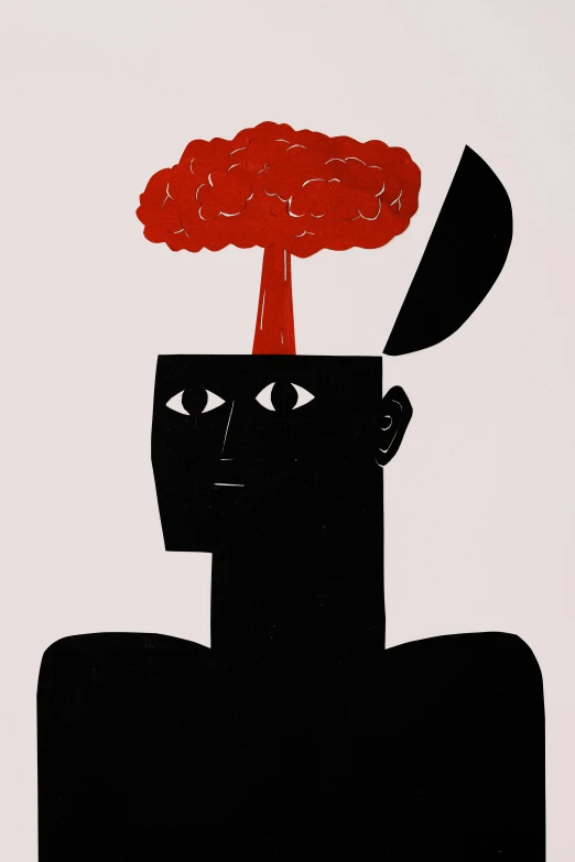 a painting of a man with a brain on his head, a screenprint, by Kanzan Shimomura, pinterest, folk art, demur, black man, red black and white, thoughts