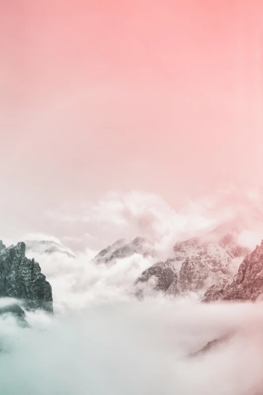 a mountain covered in clouds under a pink sky, an album cover, by Tobias Stimmer, pexels contest winner, romanticism, website banner, faded red colors, dolomites, pink white turquoise