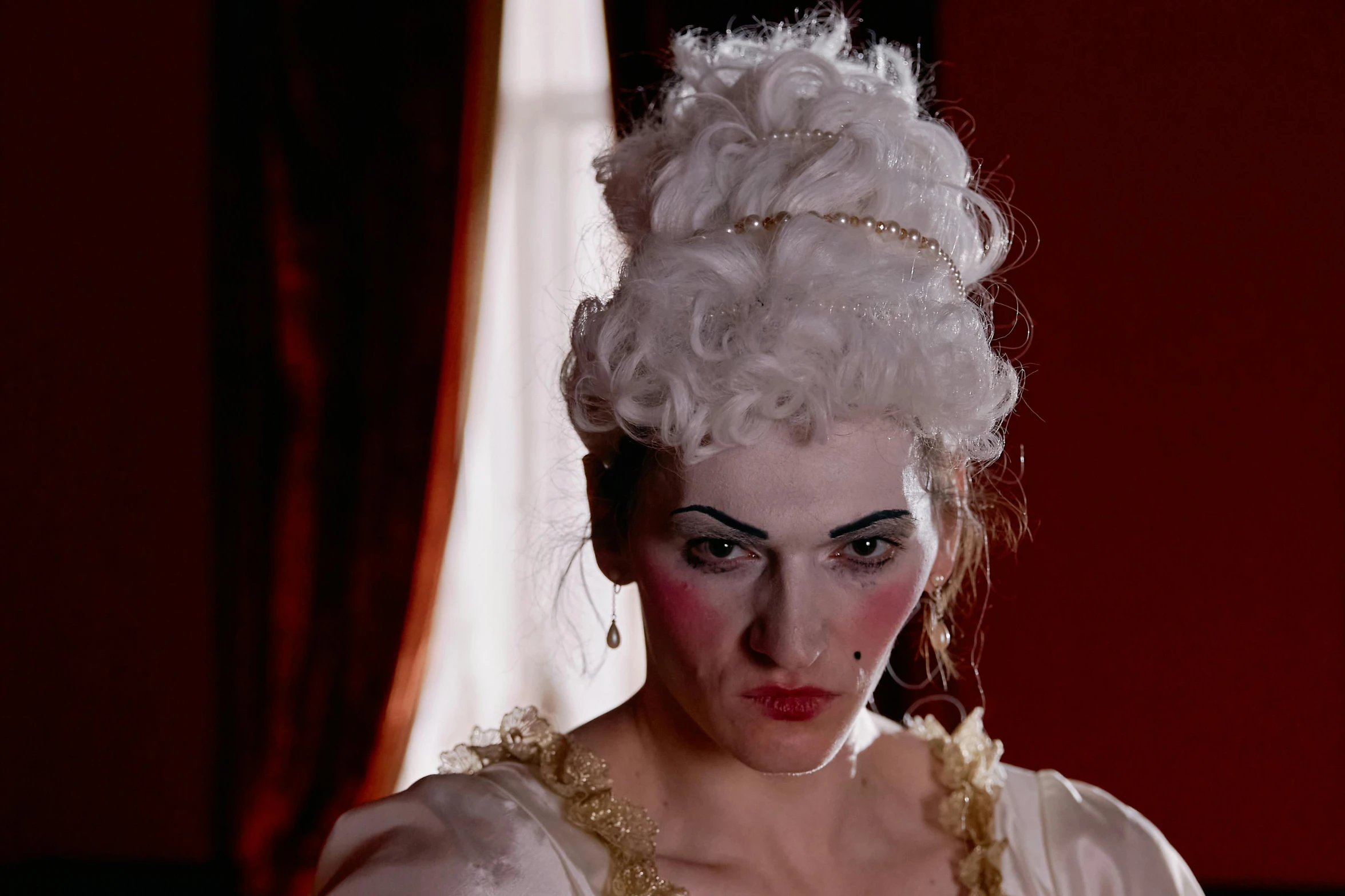 a close up of a person wearing a costume, inspired by Pietro Longhi, rococo, looking serious, video still, square, intimidating woman