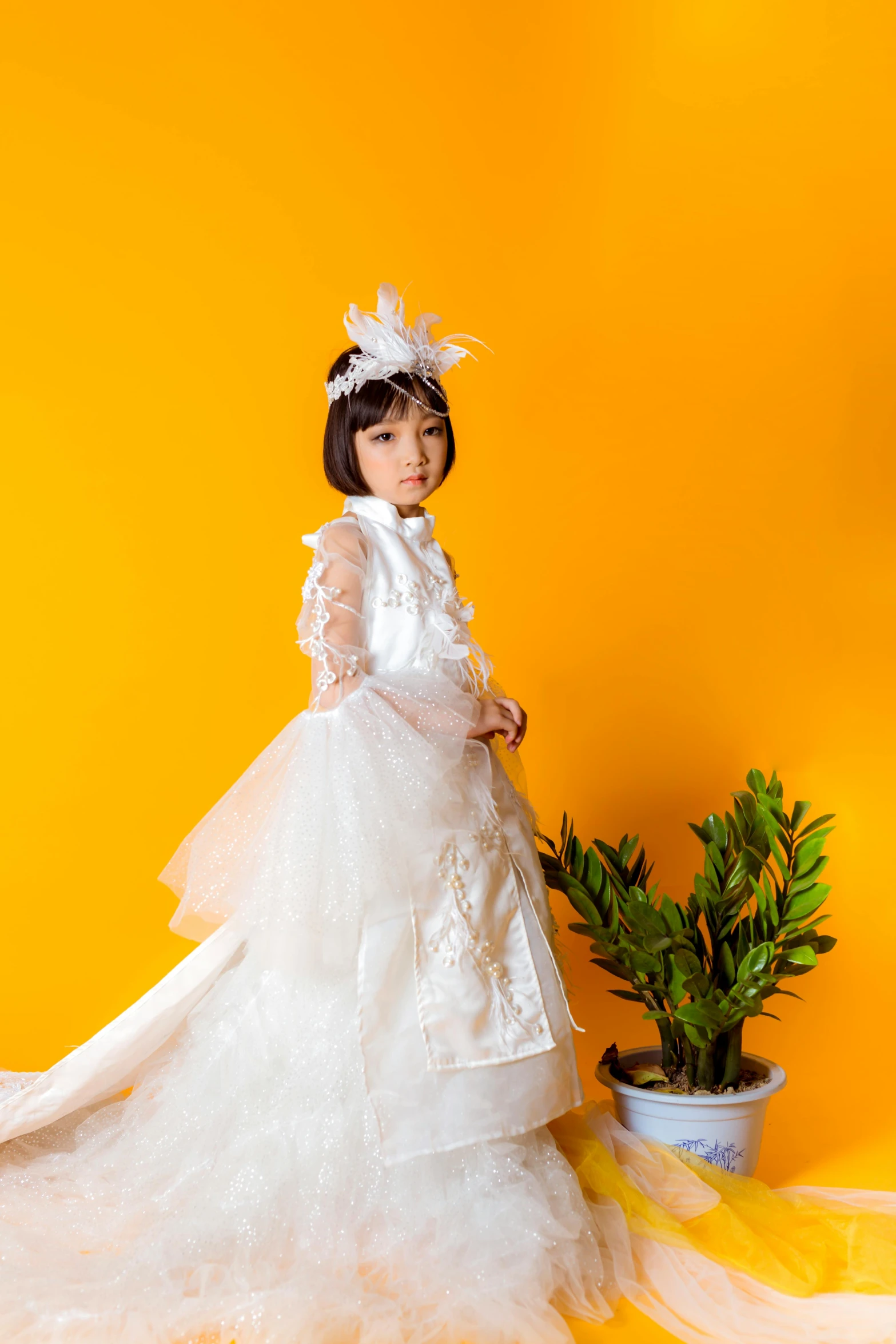 a little girl in a wedding dress standing next to a potted plant, an album cover, inspired by Tang Di, shutterstock contest winner, baroque, haute couture fashion shoot, 15081959 21121991 01012000 4k, wings lace wear, in style of lam manh