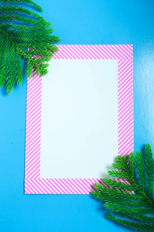 a christmas card with pine branches on a blue background, a picture, pexels, visual art, dayglo pink blue, movie frame, striped, 15081959 21121991 01012000 4k