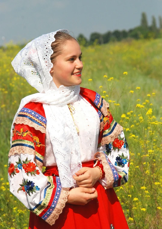 a woman standing in a field of yellow flowers, inspired by Károly Markó the Elder, ukrainian national costume, square, official screenshot, white