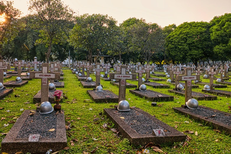a cemetery filled with lots of tombstones and flowers, flickr, singapore, fan favorite, at dawn, lawn