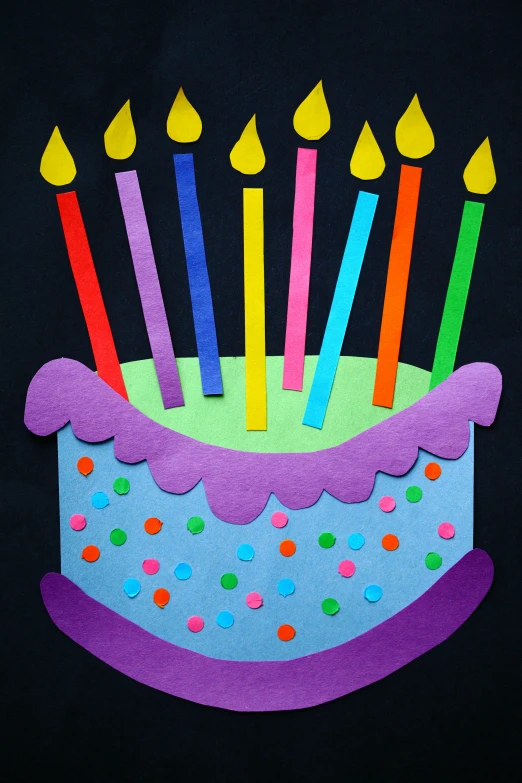 a birthday cake with candles on top of it, an album cover, pexels, crayon art, paper craft, 5 years old, layered paper art, full - view