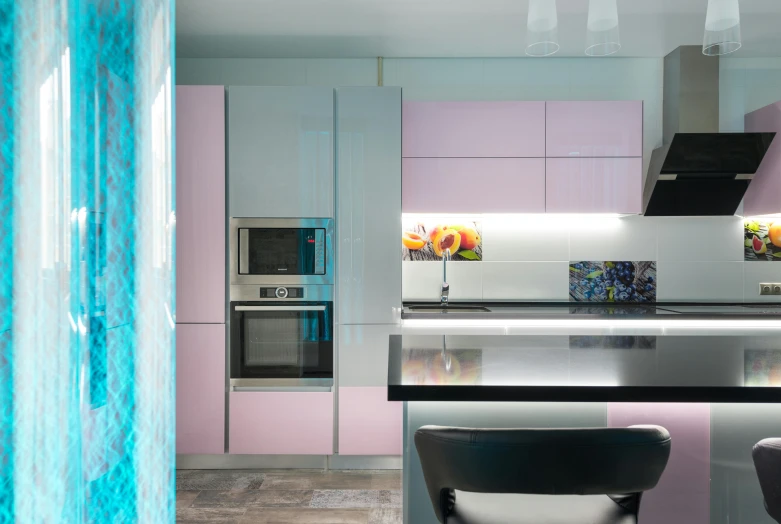 a kitchen with two bar stools next to a counter, inspired by Charles Rennie Mackintosh, unsplash, modernism, purple and pink and blue neons, translucent pastel panels, luxury bespoke kitchen design, 15081959 21121991 01012000 4k