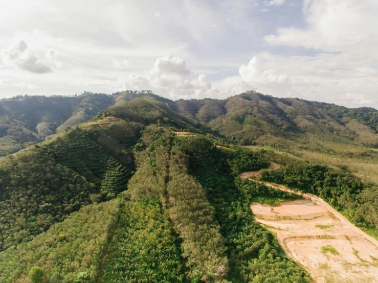 an aerial view of a lush green mountain range, by Daniel Lieske, trending on unsplash, sumatraism, destroyed forest, puerto rico, 2000s photo, ultrawide angle cinematic view