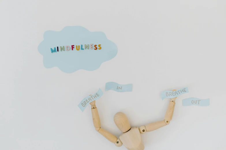 a wooden mannequin holding up a sign that says mindfulness, by Arabella Rankin, unsplash, conceptual art, scattered clouds, stickers, mini figure, various posed