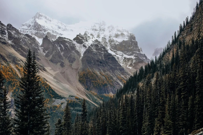 a snow covered mountain with pine trees in the foreground, by Doug Wildey, pexels contest winner, mid fall, high cliff, canva, conde nast traveler photo