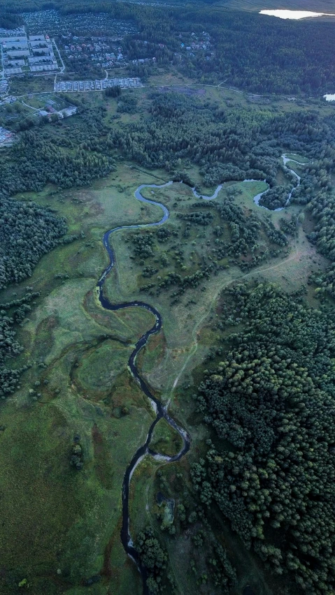 a river running through a lush green forest, hurufiyya, aerial view cinestill 800t 18mm, alvar aalto, an expansive grassy plain, instagram photo