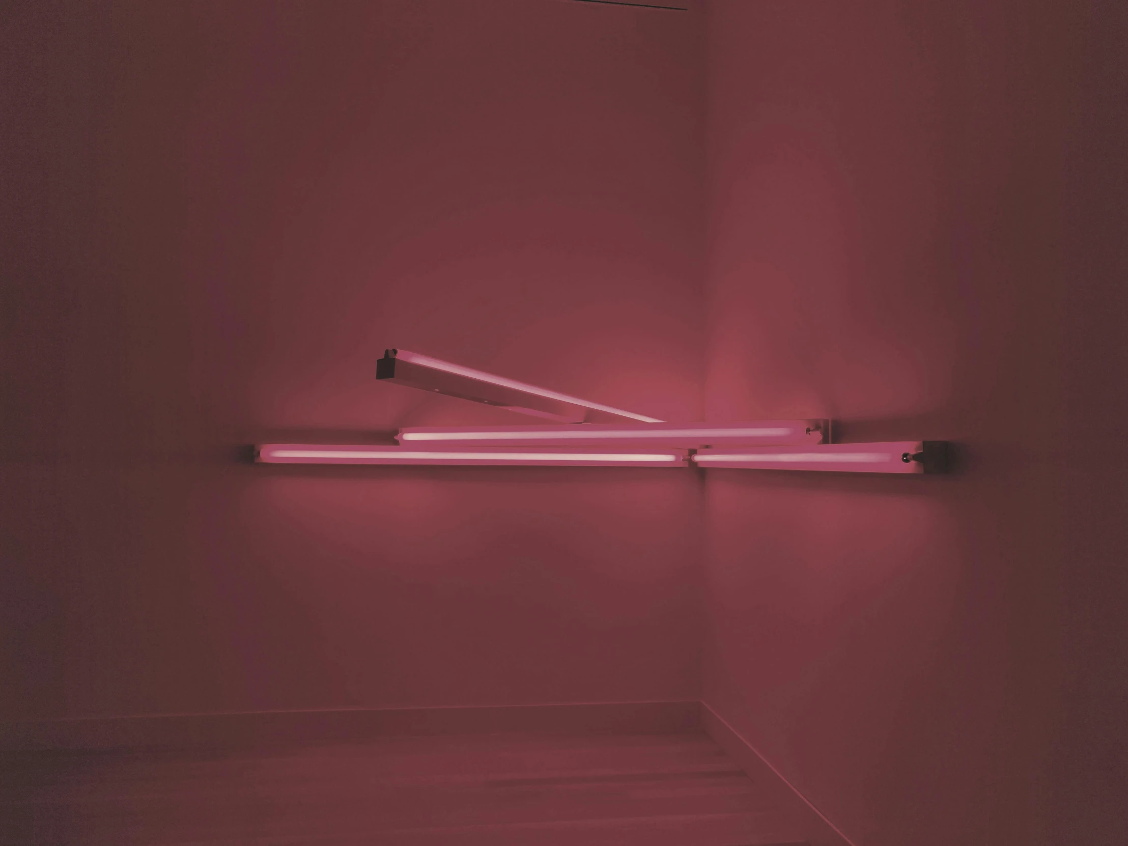 a pink neon sign hanging from the side of a wall, by Bruce Nauman, conceptual art, lee madgwick and hubert robert, purple tubes, courtesy of moma, minimalistic composition