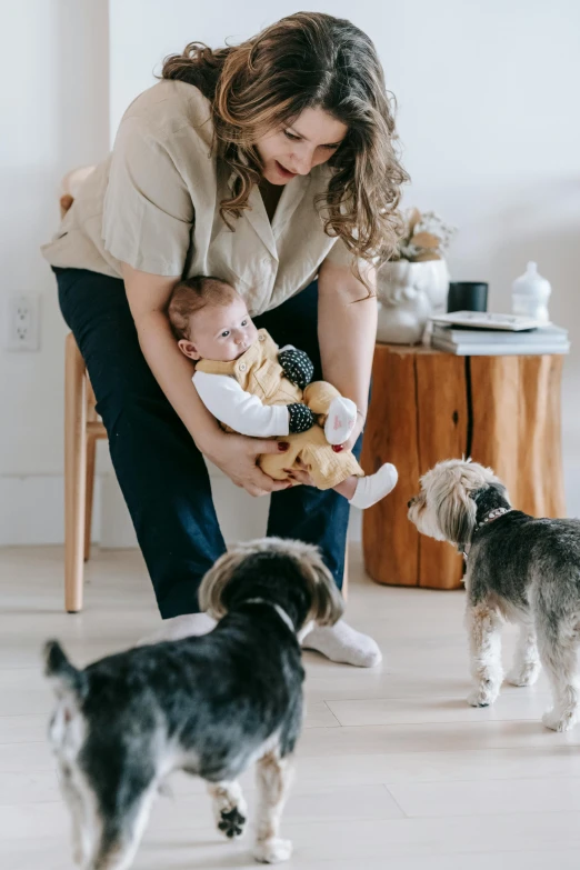 a woman holding a baby and two small dogs, pexels contest winner, modernism, manuka, inspect in inventory image, jen atkin, playing