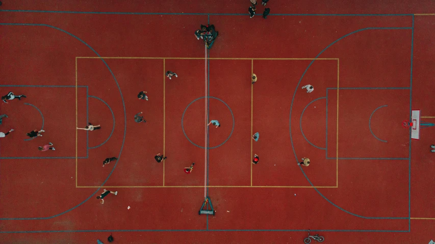 a group of people standing on top of a basketball court, by Attila Meszlenyi, unsplash contest winner, conceptual art, red carpeted floor, high angle uhd 8 k, ground detailed, 15081959 21121991 01012000 4k