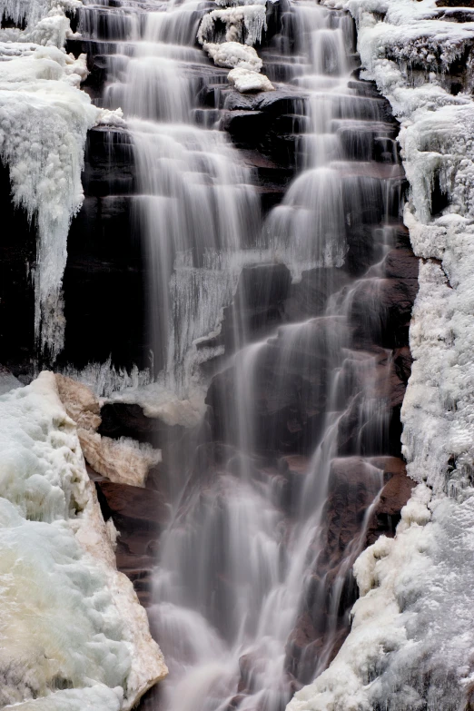 a waterfall is covered in ice and icicles, a photo, inspired by Georg Friedrich Schmidt, hudson river school, fujifilm”, “ ethereal, frosty white eyes, new hampshire