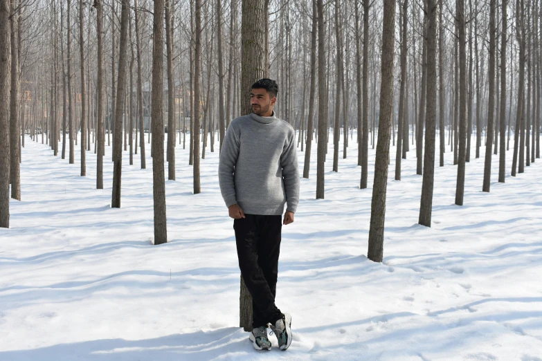 a man that is standing in the snow, an album cover, inspired by Weiwei, pexels contest winner, grey forest background, sayem reza, with a park in the back ground, catalog photo