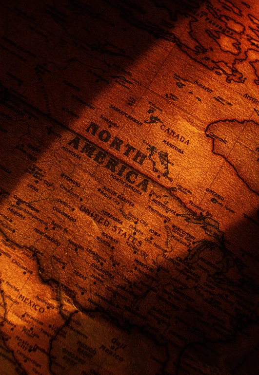 a close up of a map on a table, an album cover, by Dan Scott, flickr, renaissance, dramatic lighting - n 9, colonial expedition, america, summer light