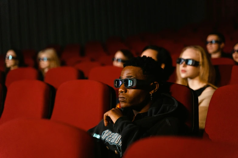 a group of people sitting in a theater wearing 3d glasses, pexels, hyperrealism, avatar image, movie cover, fall season, adult