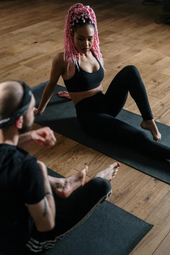 a man and a woman doing yoga together, pexels contest winner, renaissance, wearing black tight clothing, talking, thumbnail, lower quality