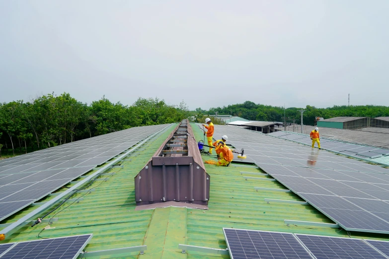 workers install solar panels on the roof of a building, by Xul Solar, 🦩🪐🐞👩🏻🦳, patiphan sottiwilai, promo image, long view