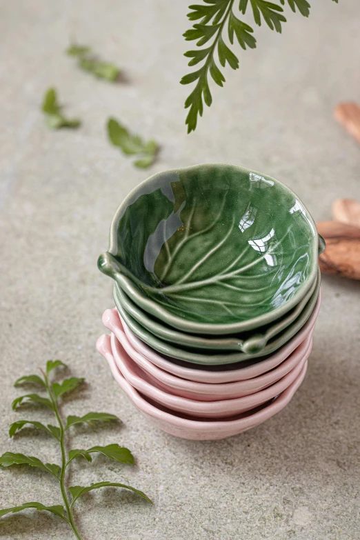 a green bowl sitting on top of a stack of pink plates, inspired by Richmond Barthé, renaissance, fig leaves, mini amphitheatre, hand made, small in size