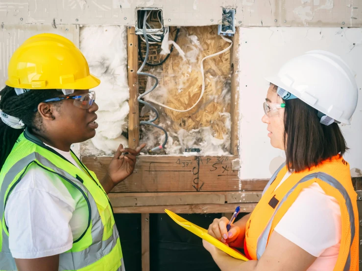 a couple of women standing next to each other, by Arabella Rankin, pexels contest winner, renaissance, bright construction materials, electricity superpowers, worksafe. instagram photo, background image