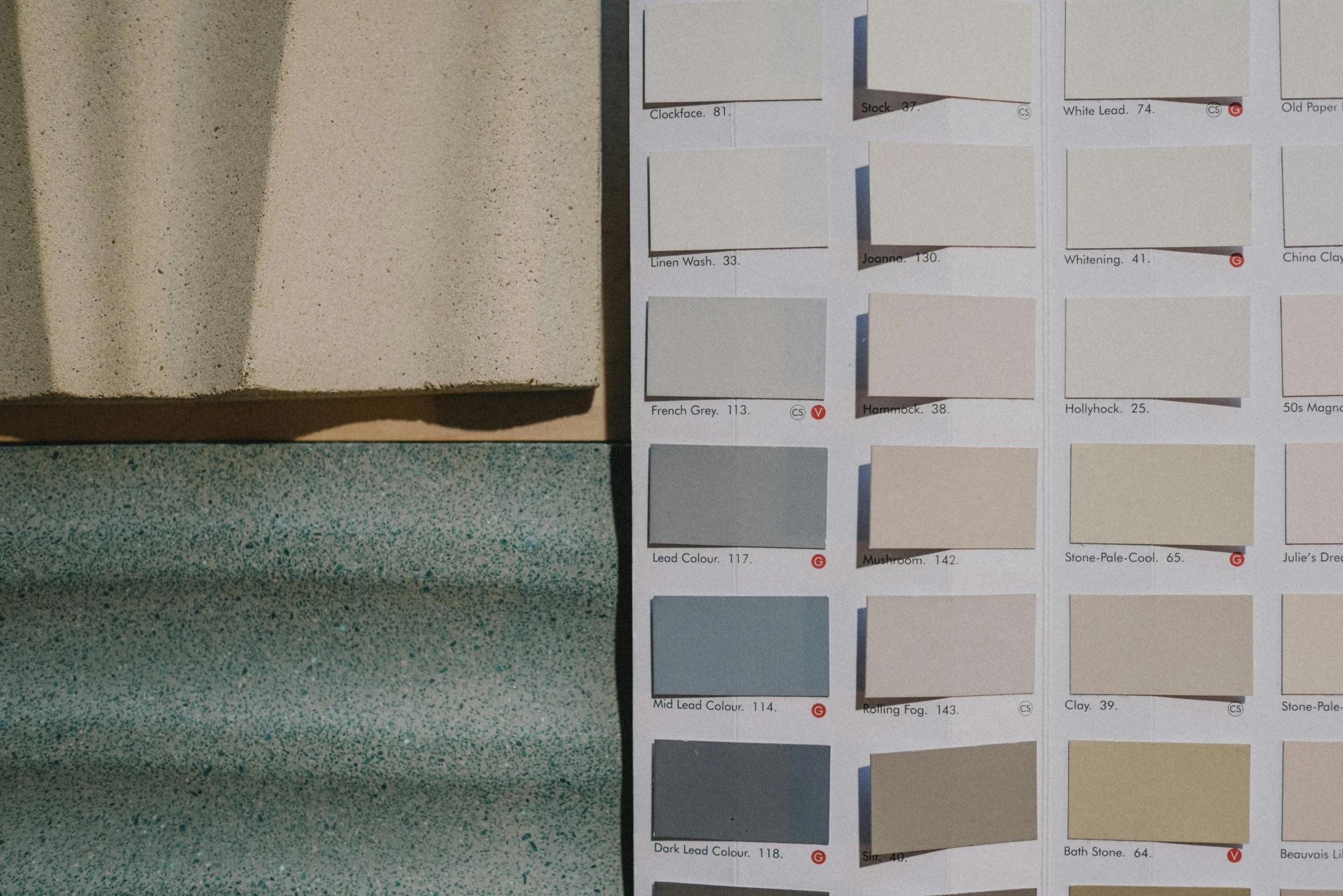 a picture of some paint samples on a table, sandstone, grid of styles, exterior shot, murata range