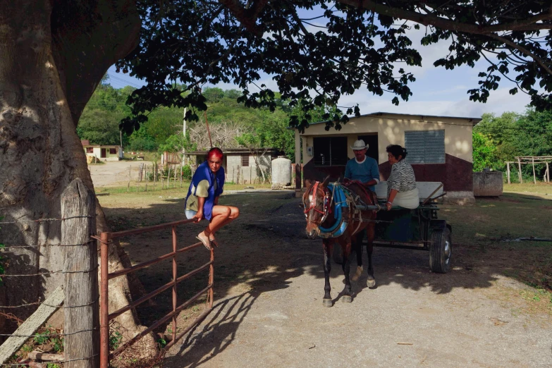 a couple of people riding on the back of a horse, 30-year-old woman from cuba, 🤠 using a 🖥, central farm, ayahausca