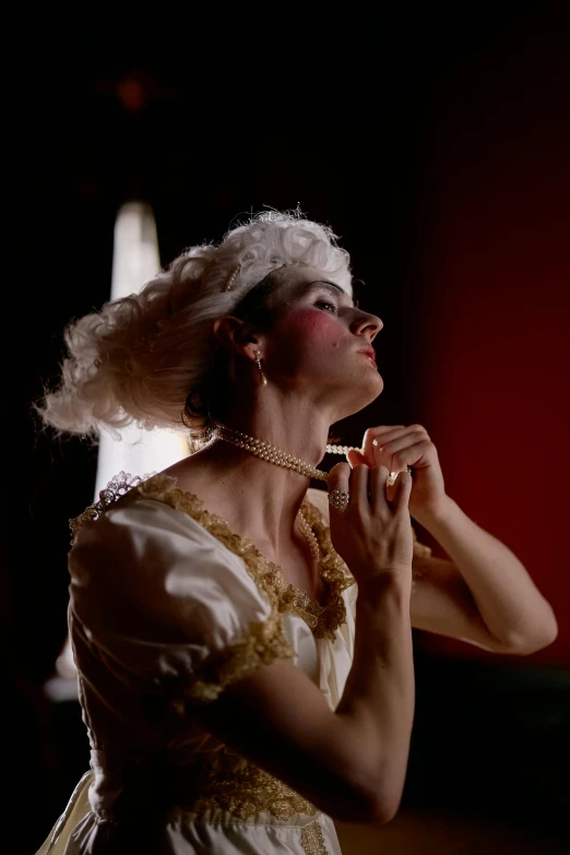 a woman in a white dress smoking a cigarette, inspired by Cindy Sherman, rococo, ron cobb. cinestill, dancer, [ theatrical ], color footage