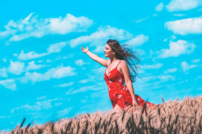 a woman in a red dress standing in a field, pexels contest winner, bright blue sky, avatar image, waving, profile image