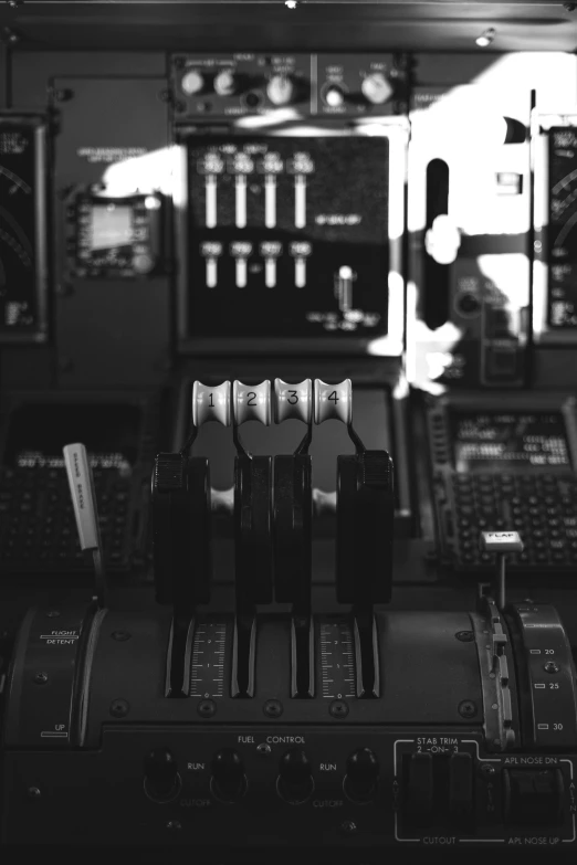 a black and white photo of a control panel, a black and white photo, by Felix-Kelly, unsplash, landing gear, simulation, early evening, resting