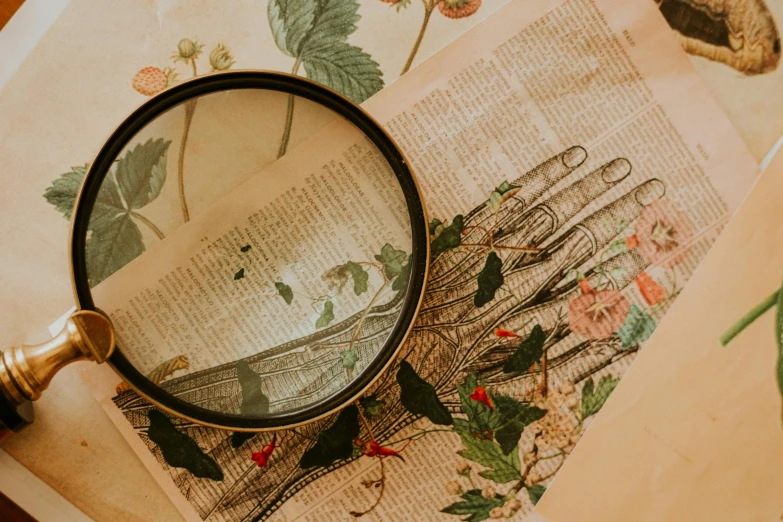 a magnifying glass sitting on top of a book, a picture, by Emma Andijewska, pexels contest winner, analytical art, on a botanical herbarium paper, old magazine cover without text, cottagecore hippie, looking into a mirror