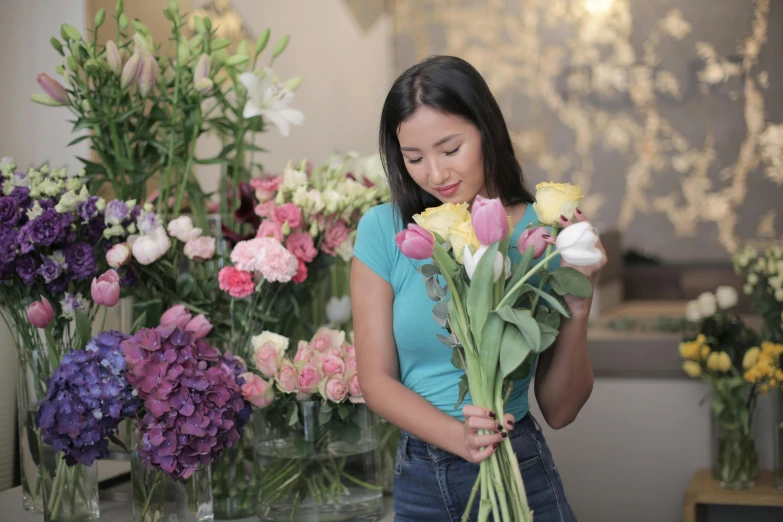 a woman standing in front of a bunch of flowers, pokimane, professional image, inspect in inventory image, cindy avelino