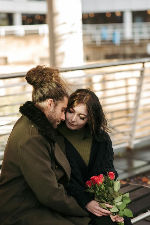 a couple of women sitting next to each other on a bench, pexels contest winner, romanticism, holding a red rose, two men hugging, bridge, square