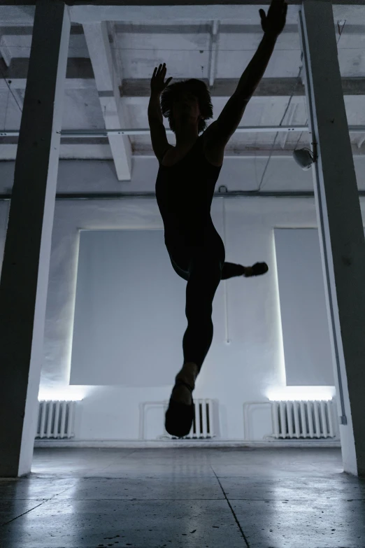 a woman in a black leo leo leo leo leo leo leo leo leo leo leo leo leo, inspired by Elizabeth Polunin, unsplash, arabesque, inside a tall vetical room, male calisthenics, showstudio, silhouetted