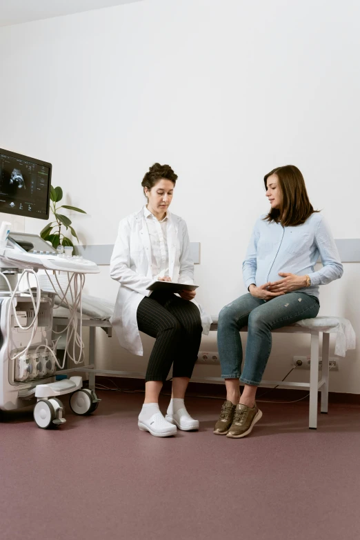 a couple of women sitting next to each other in a room, digital medical equipment, pregnant, linn olofsdotter, grey